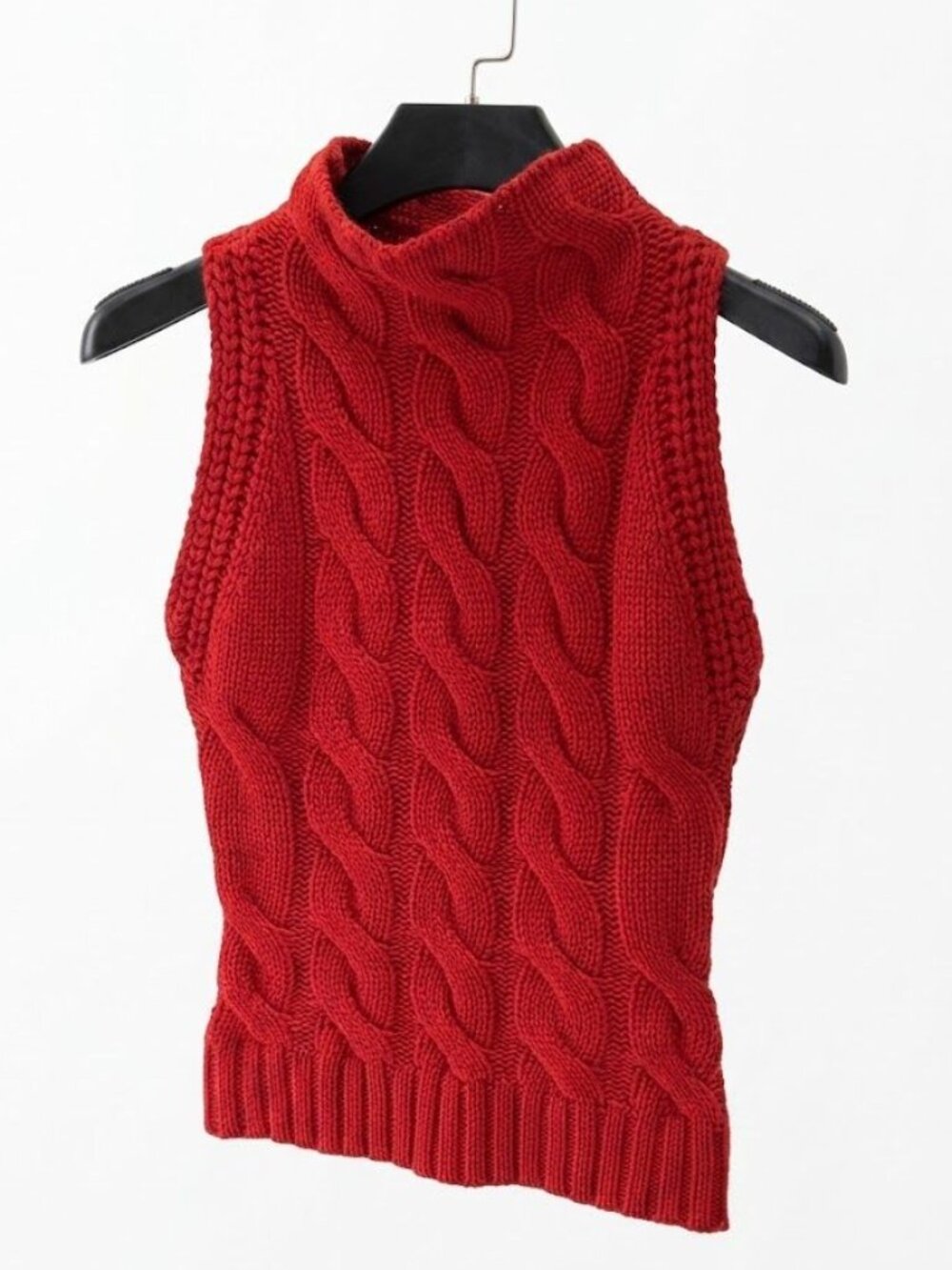 Red Cable Knit Mock Neck Vest - Sleeveless Pullover Top